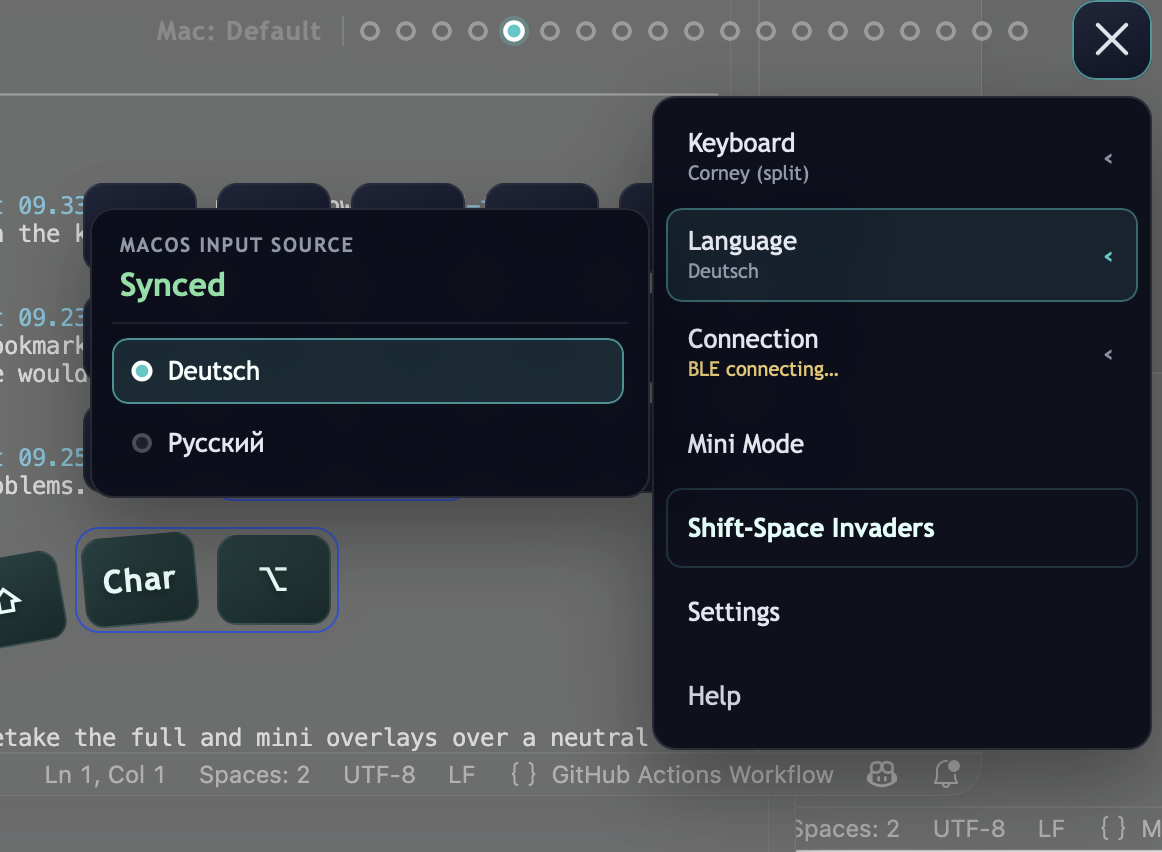 Language flyout showing input-source synchronization status for compatible ZMK keyboards.