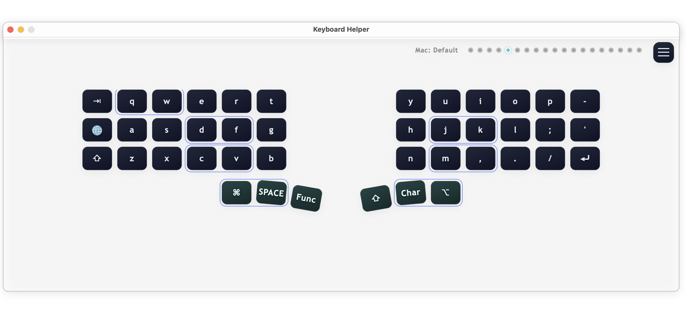 Full desktop overlay with an active layout and live pressed-key highlighting.